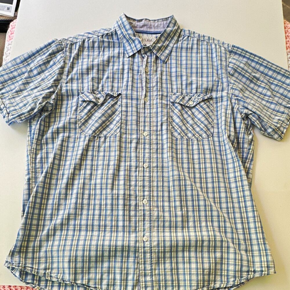 PD&C Mens XXL Woven Cotton Blue White Plaid Short Sleeve Pocket Shirt Dad Vibes